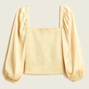 J. Crew Satin Smocked To Square Neck Long Sleeves NWT Size Medium Butter Yellow